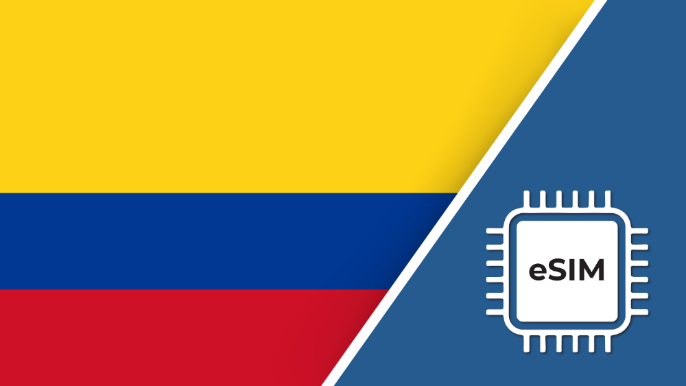 Colombia eSIM – Travel connectivity for Colombia. Image featuring the Colombian flag and an eSIM icon.