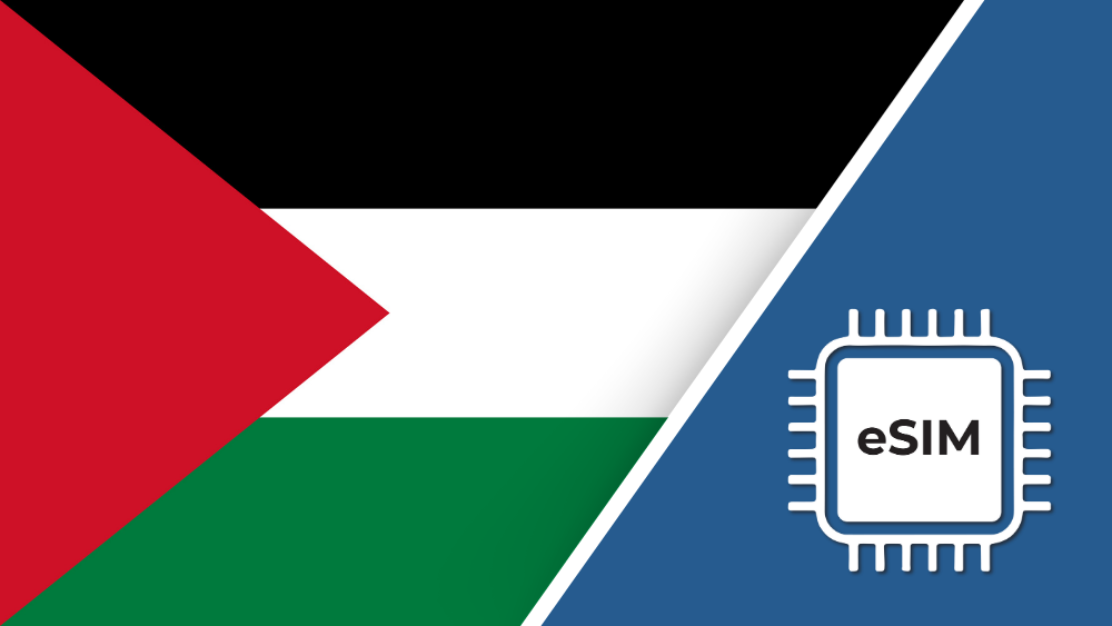 Palestine eSIM – Travel connectivity for Palestine. Image featuring the Palestinian flag and an eSIM icon.