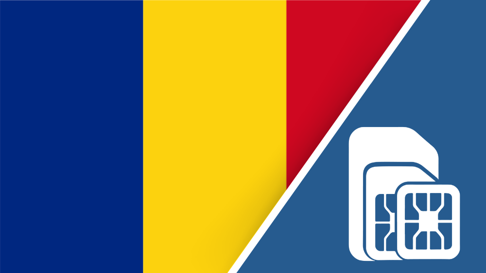 Romania SIM Card – Travel connectivity for Romania. Image featuring the Romanian flag and a SIM card icon.