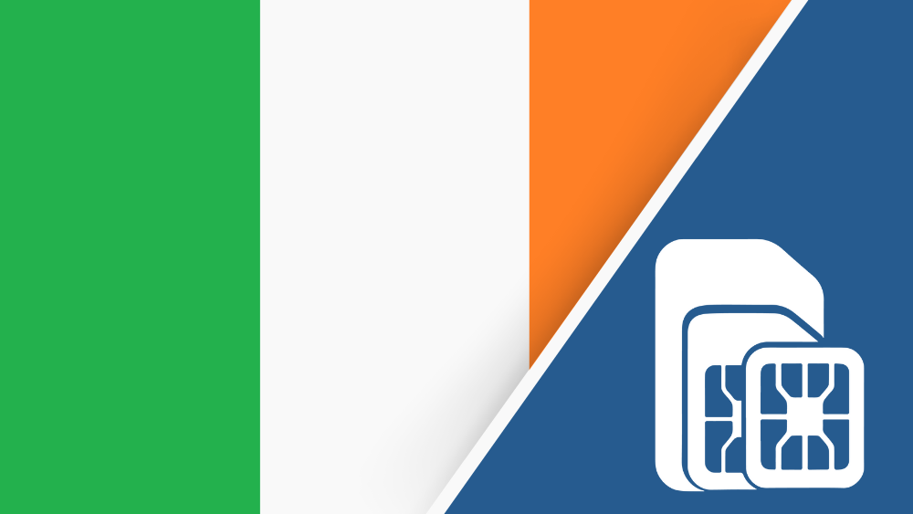 Ireland SIM Card– Travel connectivity for Ireland. Image featuring the Ireland flag and a SIM card icon.