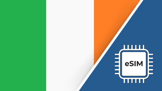 eSIM – Travel connectivity for Ireland. Image featuring the Ireland flag and an eSIM icon.