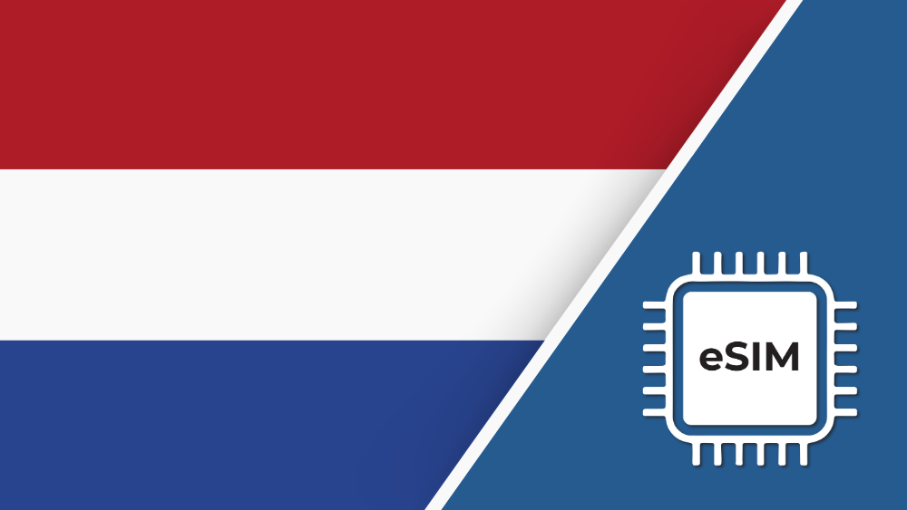 eSIM – Travel connectivity for Netherlands. Image featuring the Netherlands flag and an eSIM icon.