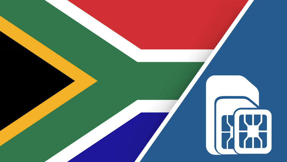 South Africa SIM Card – Travel connectivity for South Africa. Image featuring the South African flag and a SIM card icon.