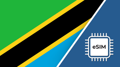 Tanzania eSIM – Travel connectivity for Tanzania. Image featuring the Tanzanian flag and an eSIM icon.